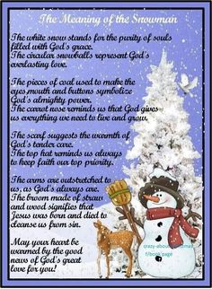 a snowman and two deer standing in front of a christmas tree with the poem