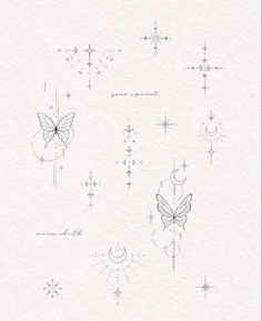 the back side of a card with butterflies and stars on it