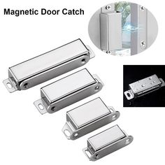 three different types of door latches and one with the word magnetic door catch on it