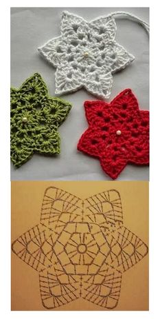 four crocheted stars are shown in three different colors