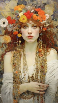 a painting of a woman with flowers in her hair and necklaces around her neck