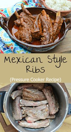 mexican style ribs in a skillet with rice on the side and an image of steaks