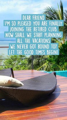 an empty lounge chair sitting on top of a wooden deck next to a swimming pool