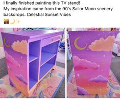 two photos of the same purple and pink painted cabinet with clouds on it, one is in