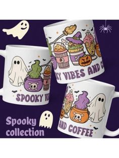 two coffee mugs with spooky and halloween images on them, one is white