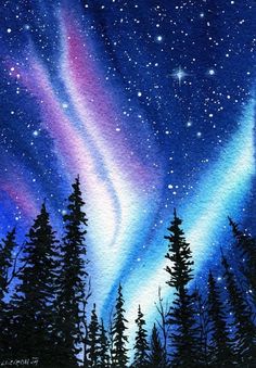 a painting of the night sky with stars and aurora bores in the distance, as well as pine trees