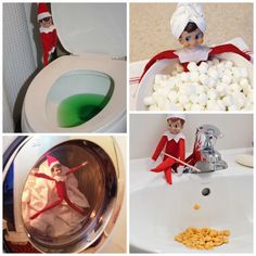 the elf in the bathroom is playing with marshmallows