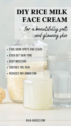 Rice Milk Face Cream Diy, Diy Hydrating Face Cream, Diy Rice Face Cream, Rice Facial At Home, Rice Cream For Face Diy, Diy Rice Milk, Rice Cream For Face, Rice Milk Recipe, Rice Face Cream