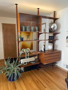 a living room filled with furniture and a potted plant on top of a wooden table