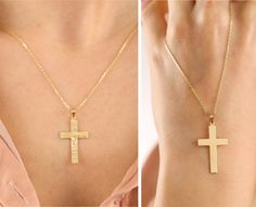 "14K Solid Gold Two Tone Crucifix Pendant, Mini Jesus Crucifix Necklace, Dainty Cross Necklace Gift For Christmas, First Communion Gift. Makes a perfect gift for bridesmaids, mom, wife, girlfriend, fiance or anybody else that is special to you. Comes in a cute gift box ready for gifting. Make it your own and add it to any outfit to add elegance and interest. The perfect versatile piece! D E T A I L S Material: * 100% 14K(585) Real Gold (no gold-filled or no gold plated material) Karat: 14k (585) 14k Stamped Cross Pendant Necklace For Gift, 14k Stamped Cross Pendant Necklace As Gift, 14k Gold Cross Pendant Jewelry Gift, 14k Stamped Cross Necklace For Gift, Christmas Gift Cross-shaped Jewelry, Gold Cross Necklace For Personalized Gift, Personalized Cross Necklace In Gold, Personalized Gold Cross Jewelry Gift, Personalized Gold Cross Jewelry