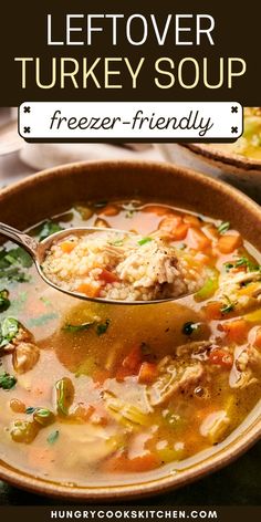 a bowl of leftover turkey soup with a spoon in it