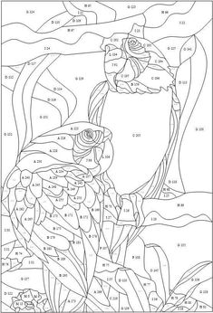 the color by number page with an image of a bird and flowers on it, in black and white