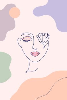 a woman's face with a flower in her hair on a pastel background