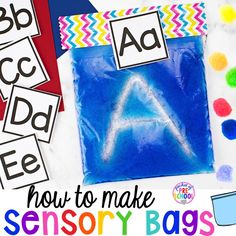 a blue bag filled with letters that spell out how to make the letter a in front of