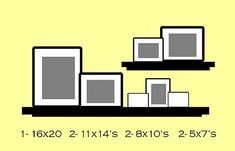 an image of a shelf with three different sized televisions on it and the text, 1 - 16x20 2 - 11x16's 2 - 3 - 8x10's