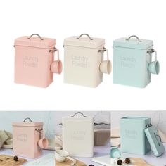 four different types of kitchen canisters sitting on top of a table next to each other