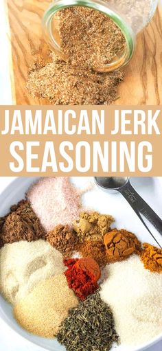 jamaican jelk seasoning mix in a bowl with spoons and spices on the side