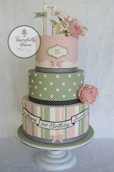 a three tiered cake with flowers on top