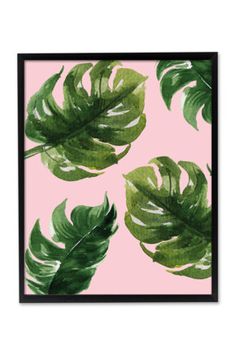 three green leaves on a white background in a black framed frame, with the bottom half painted