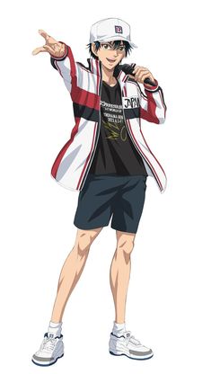 an anime character is holding his hand out to the side while wearing a baseball cap and shorts