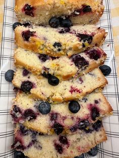 slices of blueberry bread stacked on top of each other