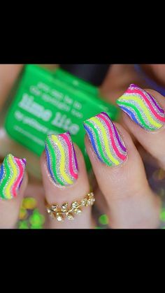 Nail Art Stripes, Glittery Nails, Colorful Nail Art, Colorful Nail, Pretty Nail Designs, Striped Nails, Nail Art Videos, Nails 2023, Rainbow Nails