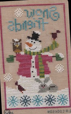 a cross stitch pattern with a snowman and two owls on it, the words snow friends