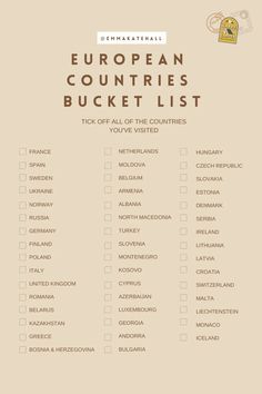 the european countries bucket list is shown on a beige background with an orange and white border