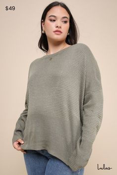 We've double checked and the Lulus Cross Reference Sage Green Oversized Backless Sweater comes up as cute every time! Textured sweater knit creates a rounded neckline, an oversized bodice, and long sleeves with drop shoulders and fitted cuffs. Wide back cutout is formed by two overlapping panels for a fun finish! Ribbed knit at the neckline, cuffs, and long hem. Fit: This garment fits true to size. Length: Size medium measures 23.5" from shoulder to hem. Bust: Great for any cup size. Waist: Not Casual Textured Knit Sweater With Batwing Sleeves, Casual Sweater With Textured Knit And Batwing Sleeves, Oversized Chunky Knit Top For Loungewear, Oversized Waffle Knit Sweater For Fall, Oversized Chunky Knit Loungewear Top, Oversized Chunky Knit Long Sleeve Top, Oversized Waffle Knit Tops For Fall, Oversized Waffle Knit Crew Neck Sweater, Oversized Waffle Knit Sweater For Layering