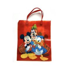 a red bag with mickey mouse and friends on it