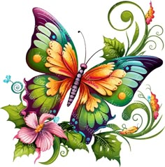 a colorful butterfly with green leaves and flowers