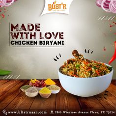 an advertisement for biriyani made with love chicken biriyani and spices