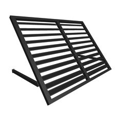 a black metal rack with horizontal slats on the top and bottom, against a white background