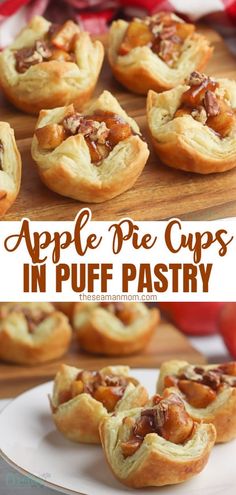 apple pie cups in puff pastry on a white plate with the title text above it