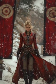 a woman dressed in medieval clothing walking through the snow with red curtains behind her,