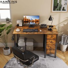 a computer desk with a keyboard, mouse and monitor sitting on top of it next to a potted plant