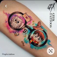 an owl and girl tattoo on the left arm with watercolor splashes around it