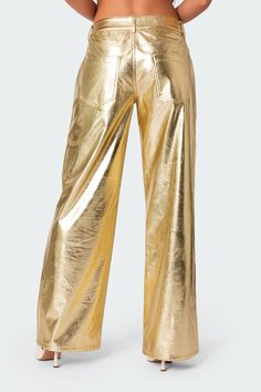 Jeans Loose fit Low rise waist Metallic fabric Faux Leather Model wears size S Model height is 5'8 Item care: Hand wash Jeans Loose Fit, Gold Pants, Metallic Jeans, Retro Glamour, Metallic Pants, Swimwear Dress, Flare Leg Pants, Metallic Fabric, Faux Leather Pants