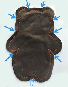 the back side of a teddy bear with red stitches on it's chest and shoulder