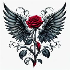 a rose with wings and swirls on it is shown in this tattoo art design