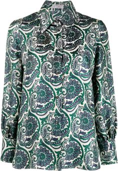 white/green silk paisley print spread collar front button fastening long sleeves buttoned cuffs straight hem Elegant Printed Green Shirt, Elegant Green Printed Shirt, Elegant Green Shirt With Button Cuffs, Elegant White Paisley Print Tops, Green Long Sleeve Blouse With Paisley Print, Printed Silk Shirt, Shirt For Women, Green Silk, Silk Shirt