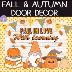 fall and autumn door decor with pumpkins, books, and an owl sitting on the floor