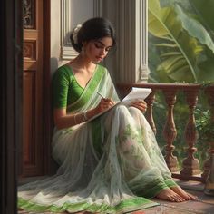 a painting of a woman sitting on a balcony reading a book while wearing a green and white sari