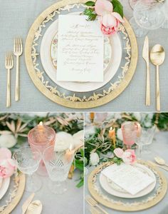 the wedding table is set with gold and white plates, silverware, and pink flowers