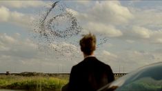 a man standing in front of a car looking at a flock of birds flying over him