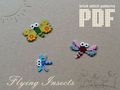 three different types of bead designs on a gray surface with the words, brick stitch patterns pipc flying insects