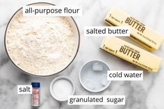 ingredients needed to make an all - purpose flour recipe laid out on a marble surface