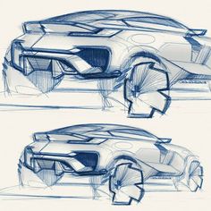 two sketches of a car with different angles