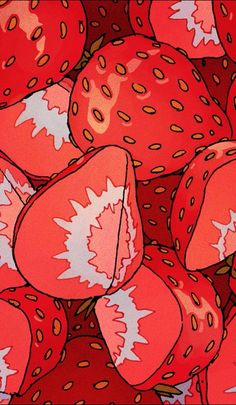 strawberries with white spots are arranged in a pattern on a red and black background