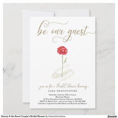 a white and gold wedding card with a red rose on the front, says be our guest